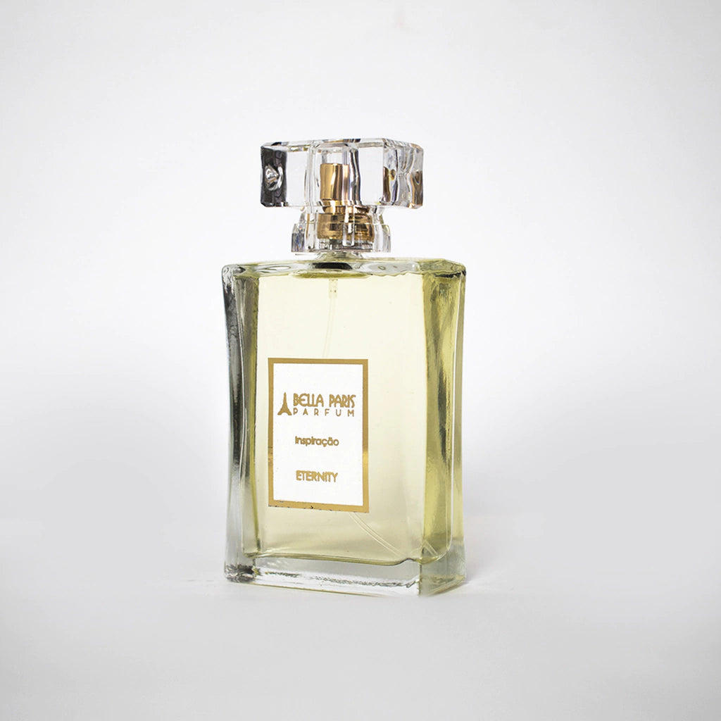 Perfume Inspiração Eternity da Bella Paris visto de lado, destacando seu design sofisticado.