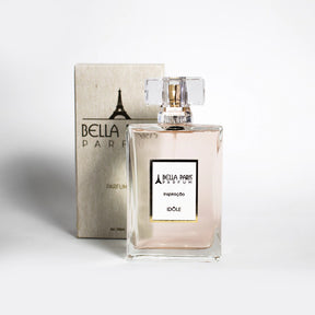 Perfume Inspiração Idôle da Bella Paris com a caixa, mostrando o frasco elegante ao lado da embalagem sofisticada.