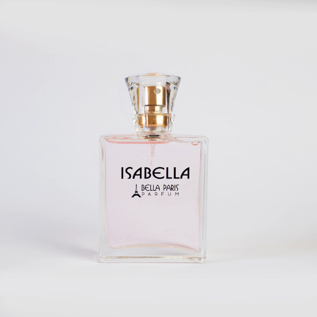 Imagem do frasco do Perfume Isabella da Bella Paris. O frasco é elegante e sofisticado, com um design exclusivo que reflete a alta qualidade e a produção artesanal francesa do perfume.