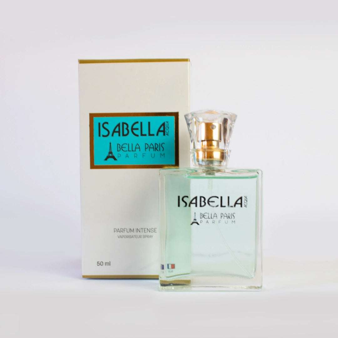 Frasco do perfume Isabella Acqua da Bella Paris junto com sua caixa de apresentação. O frasco de 100ml exibe um design sofisticado e a caixa complementa com um visual elegante e exclusivo.