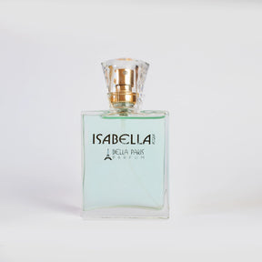 Frasco do perfume Isabella Acqua da Bella Paris, um frasco elegante e sofisticado de 100ml, destacando-se pelo seu design artesanal exclusivo francês.